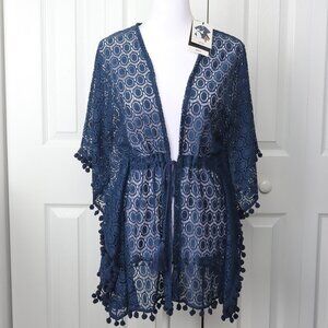 All Threads Cabana Kimono Navy Blue Cover-Up - Pom fringe, Open Tie-Front